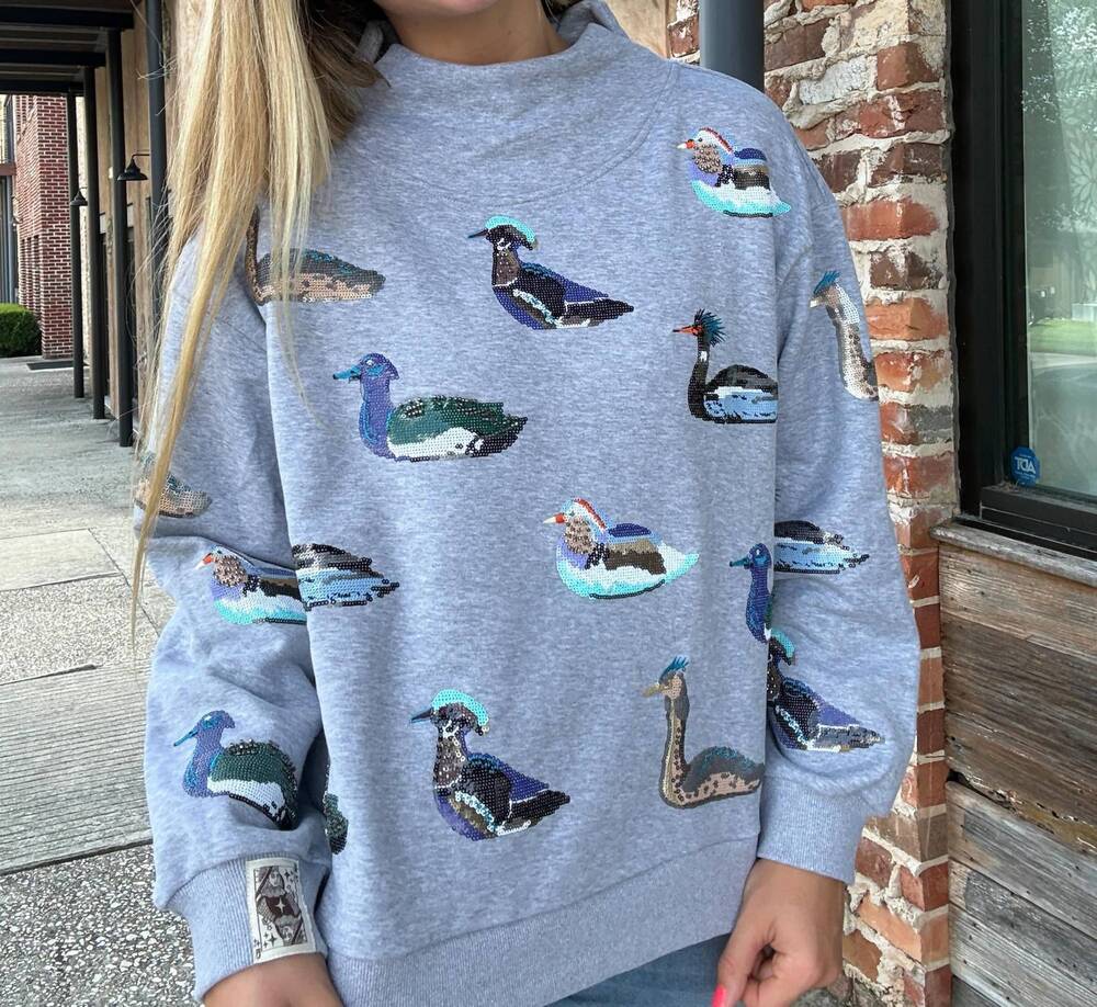 NEW QUEEN OF SPARKLES duck mockneck sweatshirt in dark grey/ multi